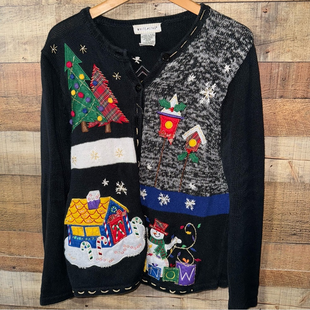Vintage White Stag Ugly Christmas Sweater Cardigan Teacher XL 16 18